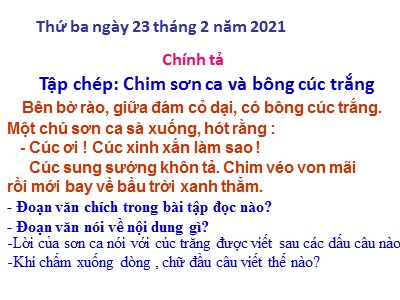 Bài giảng môn học Chính tả 2 - Tập chép: Chim sơn ca và bông cúc trắng