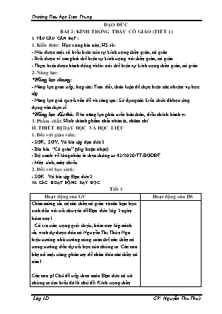 Giáo án Đạo đức Lớp 2 (Sách Cánh diều) - Bài 2: Kính trọng thầy cô giáo (Tiết 1) - Nguyễn Thu Thủy