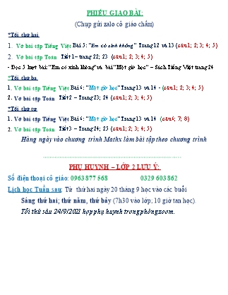 Phiếu giao bài tập Toán + Tiếng Việt Lớp 2 - Tuần 3, Thứ 2