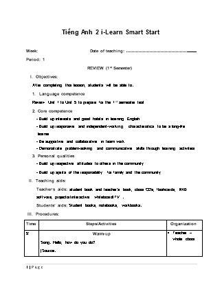 Giáo án Tiếng Anh Lớp 2 i-Learn Smart Start - Period 1: Review (1st Semester)