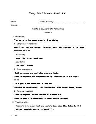 Giáo án Tiếng Anh Lớp 2 i-Learn Smart Start - Period 1, Theme 9: Classroom Activities - Lesson 1