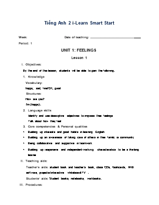 Giáo án Tiếng Anh Lớp 2 i-Learn Smart Start - Period 1, Unit 1: Feelings Lesson 1