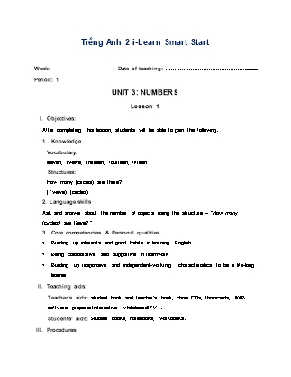 Giáo án Tiếng Anh Lớp 2 i-Learn Smart Start - Period 1, Unit 3: Numbers - Lesson 1