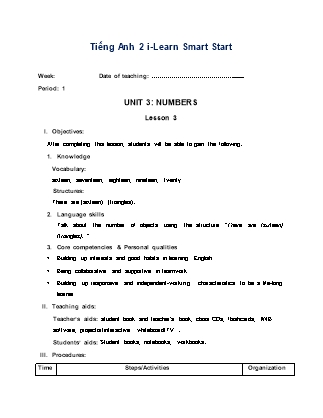 Giáo án Tiếng Anh Lớp 2 i-Learn Smart Start - Period 1, Unit 3: Numbers - Lesson 3