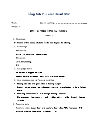 Giáo án Tiếng Anh Lớp 2 i-Learn Smart Start - Period 1, Unit 5: Free time activities - Lesson 1