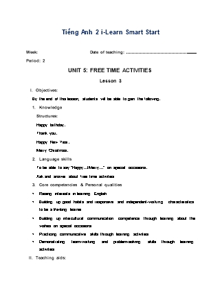Giáo án Tiếng Anh Lớp 2 i-Learn Smart Start - Period 2, Unit 5: Free time activities - Lesson 3