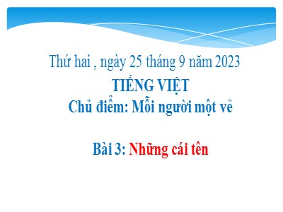 Bài giảng Tiếng Việt 2 (Chân trời sáng tạo) - Chủ điểm: Mỗi người một vẻ - Bài 4: Những cái tên (Tiết 1)