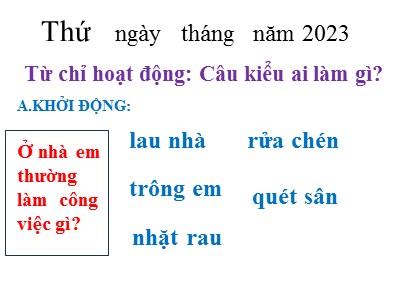 Bài giảng Tiếng Việt 2 (Chân trời sáng tạo) - Từ chỉ hoạt động: Câu kiểu ai làm gì?