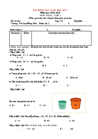 Bài kiểm tra cuối học kì 1 môn Toán Lớp 2 (Có đáp án) - Năm học 2021-2022 - Trường Tiểu học Đồng Hòa