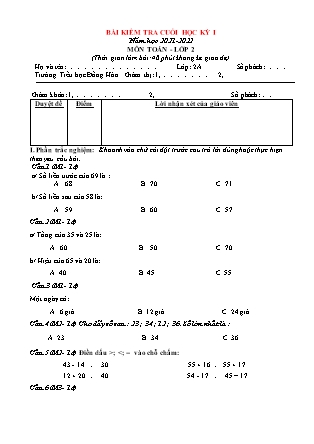 Bài kiểm tra cuối học kì 1 môn Toán Lớp 2A1 (Có đáp án) - Năm học 2021-2022 - Trường Tiểu học Đồng Hòa