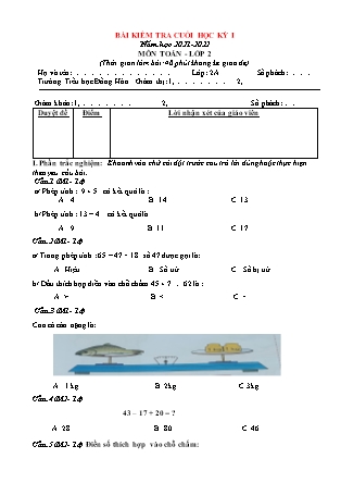 Bài kiểm tra cuối học kì 1 môn Toán Lớp 2A2 (Có đáp án) - Năm học 2021-2022 - Trường Tiểu học Đồng Hòa