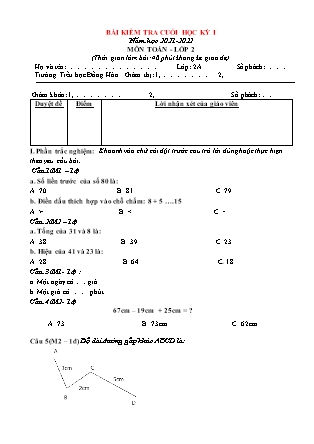 Bài kiểm tra cuối học kỳ 1 môn Toán Lớp 2 - Năm học 2021-2022