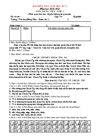 Bài kiểm tra cuối kì I môn Tiếng Việt Lớp 2A5 (Có đáp án) - Năm học 2021-2022
