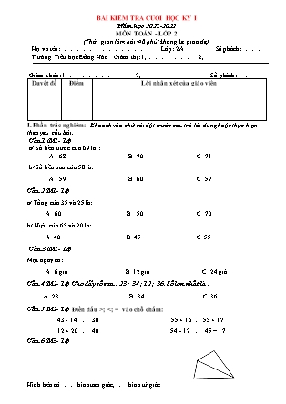 Bài kiểm tra cuối kì I môn Toán Lớp 2 - Năm học 2021-2022