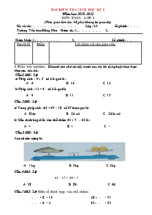 Bài kiểm tra cuối kì I môn Toán Lớp 2A2 (Có đáp án) - Năm học 2021-2022