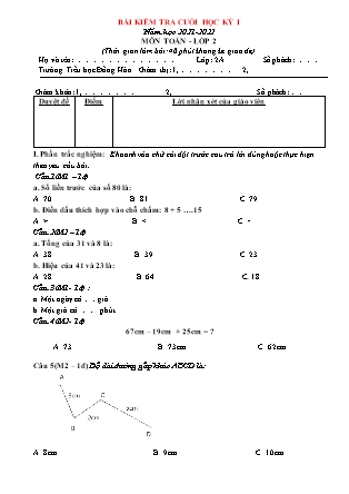 Bài kiểm tra cuối kì I môn Toán Lớp 2A3 (Có đáp án) - Năm học 2021-2022