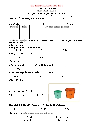 Bài kiểm tra cuối kì I môn Toán Lớp 2A4 (Có đáp án) - Năm học 2021-2022