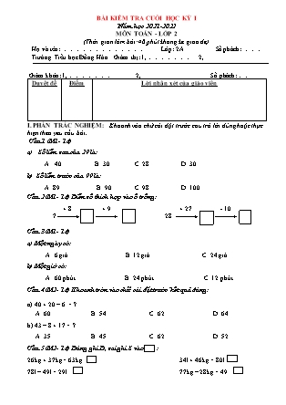 Bài kiểm tra cuối kì I môn Toán Lớp 2A5 (Có đáp án) - Năm học 2021-2022