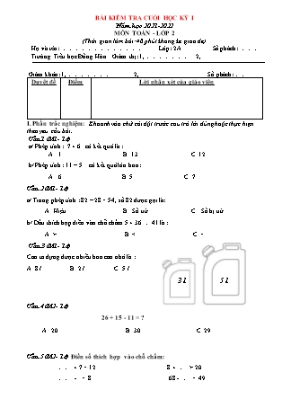 Bài kiểm tra cuối kì I môn Toán Lớp 2A6 (Có đáp án) - Năm học 2021-2022
