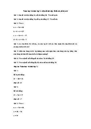 Bài tập môn Toán Lớp 2 - Một số bài tập về số trừ, số bị trừ (Có đáp án)