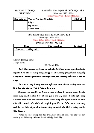 Bài kiểm tra định kì cuối học kì I môn Tiếng Việt Lớp 2 (Bài đọc) - Năm học 2023-2024 - Trường Tiểu học Xuân Bắc (Có đáp án)