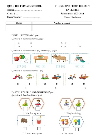 Đề kiểm tra học kì II Tiếng Anh 2 - Năm học 2023-2024 - Tường Tiểu học Quán Trữ (Có đáp án)