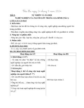 Giáo án Tự nhiên xã hội 2 (Kết nối tri thức) - Tiết 5, Bài: Nghề nghiệp của người lớn trong gia đình (Tiết 1) - Năm học 2024-2025
