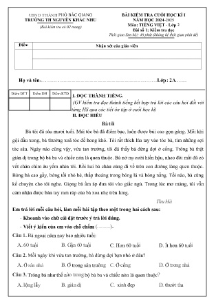 Đề kiểm tra Cuối học kì I môn Tiếng Việt Lớp 2 (Đề đọc hiểu) Trường TH Nguyễn Khắc Nhu, Bắc Giang - Năm học 2024-2025 (Có hướng dẫn chấm)