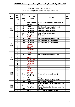 Kế hoạch bài dạy các môn học Lớp 2 Năm học 2024-2025 - Tuần 25 (GV: Nguyễn Thị Thu - Trường TH Lãng Sơn)