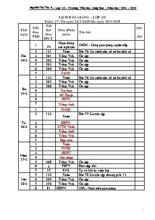 Kế hoạch bài dạy các môn học Lớp 2 Năm học 2024-2025 - Tuần 27 (GV: Nguyễn Thị Thu - Trường TH Lãng Sơn)