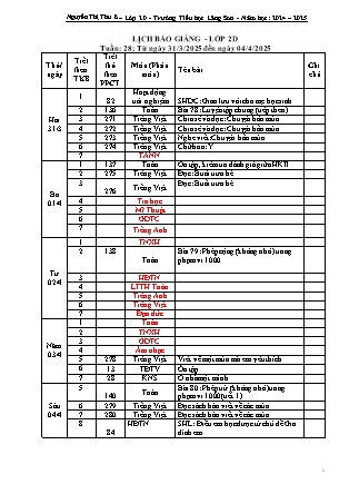 Kế hoạch bài dạy các môn học Lớp 2 Năm học 2024-2025 - Tuần 28 (GV: Nguyễn Thị Thu - Trường TH Lãng Sơn)