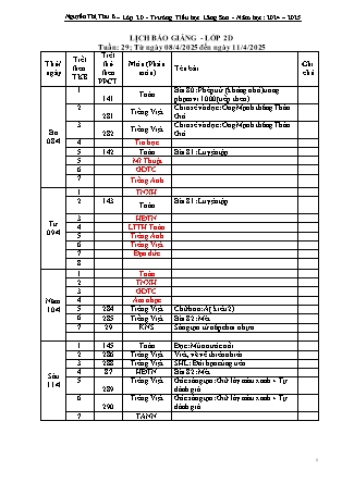 Kế hoạch bài dạy các môn học Lớp 2 Năm học 2024-2025 - Tuần 29 (GV: Nguyễn Thị Thu - Trường TH Lãng Sơn)