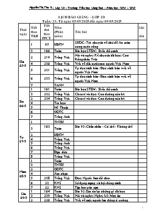 Kế hoạch bài dạy các môn học Lớp 2 Năm học 2024-2025 - Tuần 33 (GV: Nguyễn Thị Thu - Trường TH Lãng Sơn)