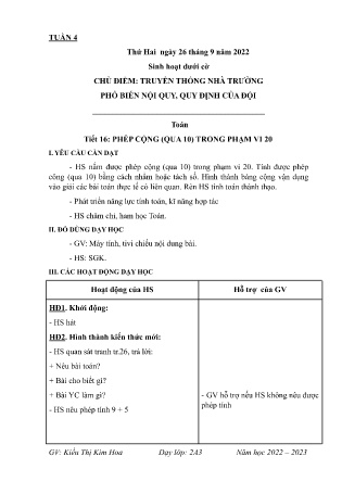 Kế hoạch bài dạy các môn Lớp 2 Năm học 2022-2023 - Tuần 4 (GV: Kiều Thị Kim Hoa)