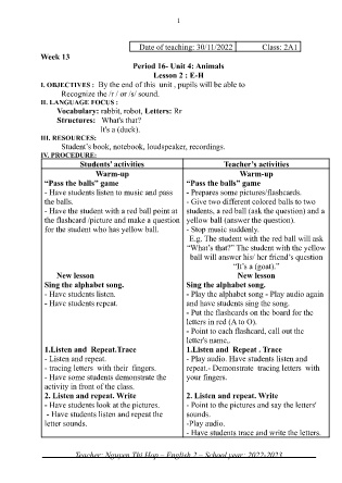 Kế hoạch bài dạy môn Tiếng Anh Lớp 2 - Tuần 13, Unit 4: Animals - Period 16, Lesson 2 (GV: Nguyễn Thị Hợp - Năm học 2022-2023)