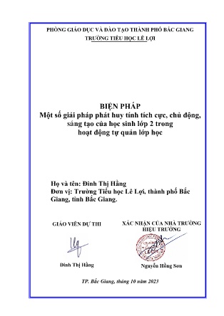 SKKN Một số giải pháp phát huy tính tích cực, chủ động, sáng tạo của học sinh lớp 2 trong hoạt động tự quản lớp học (GV: Đinh Thị Hằng - Trường TH Lê Lợi - Năm học 2023-2024)