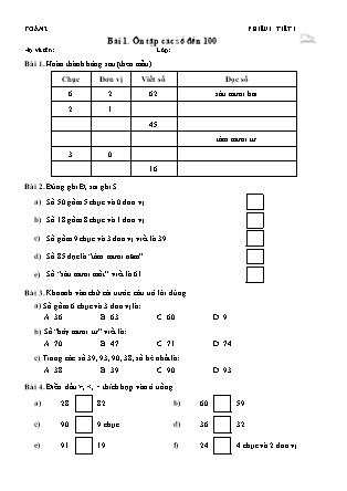 Phiếu Bài tập hằng ngày Toán Lớp 2 - Bài 1. Ôn tập các số đến 100 - Kết nối tri thức (Năm học 2026-2027)