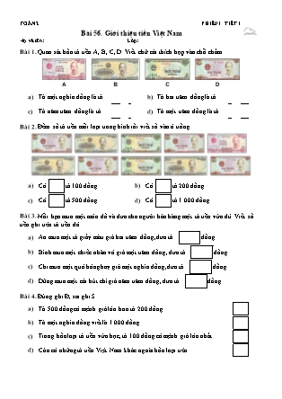 Phiếu Bài tập hằng ngày Toán Lớp 2 - Bài 56. Giới thiệu tiền Việt Nam - Kết nối tri thức (Năm học 2026-2027)